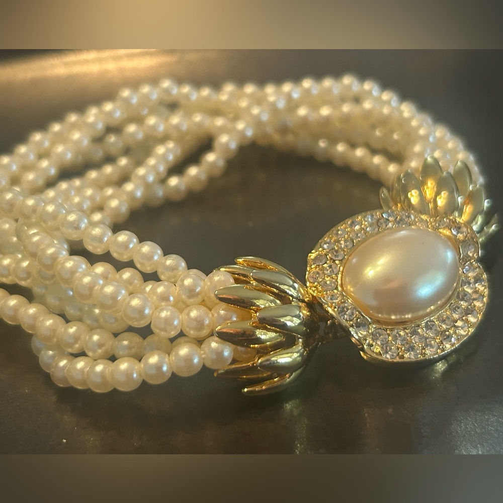 Beautiful Fancy Bracelet With Multi Strand Pearls And Rhinestones